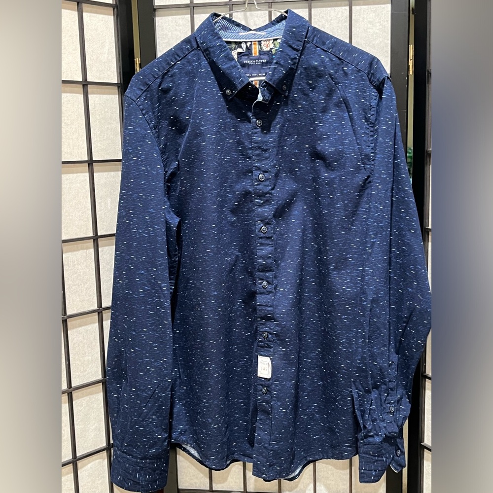 DENIM & FLOWER, RICKY SING, Men's Navy Speckled Button-Up Shirt SIZE L
